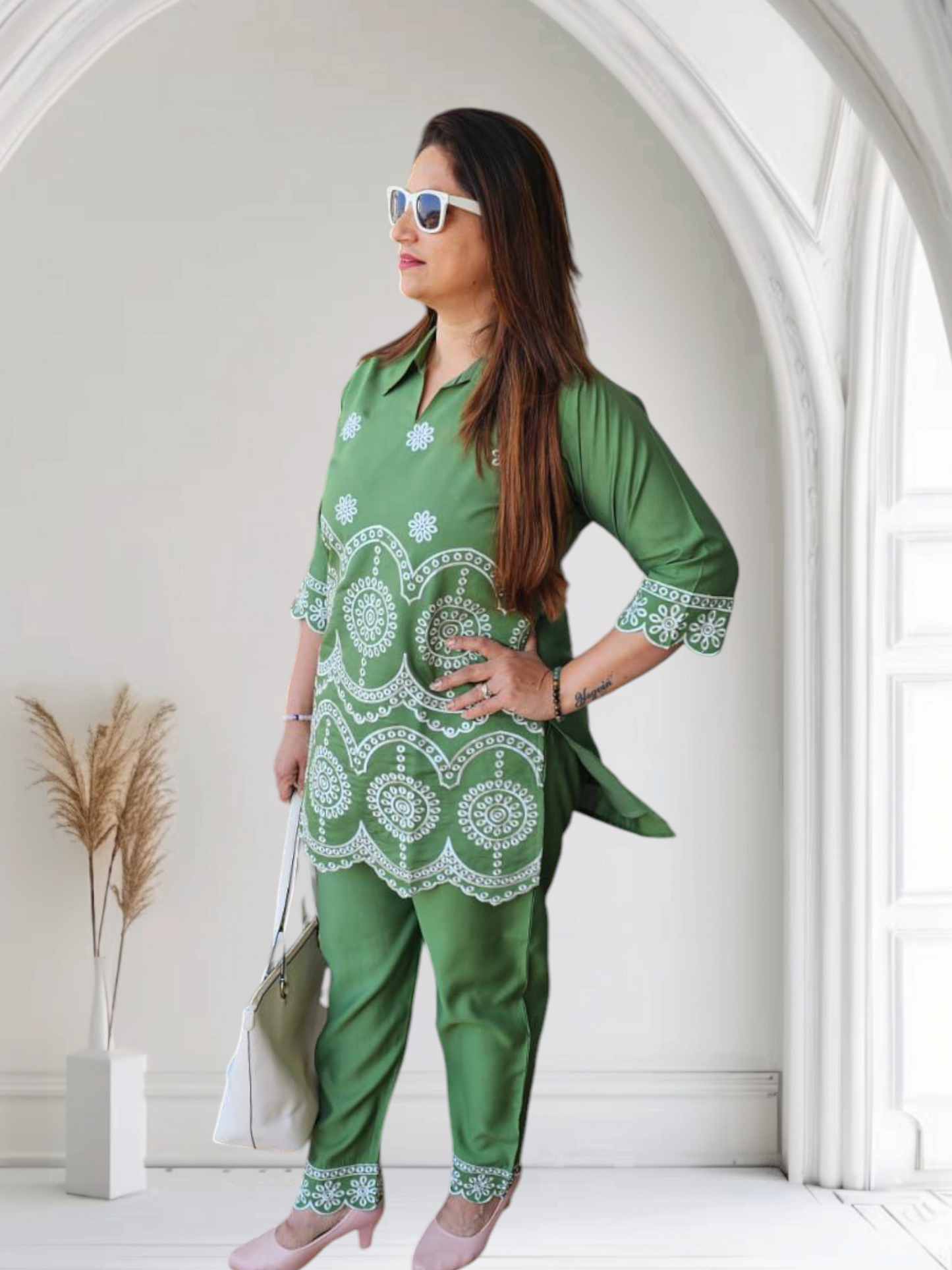 Green Semi Cotton Thread Embriodary Coordset