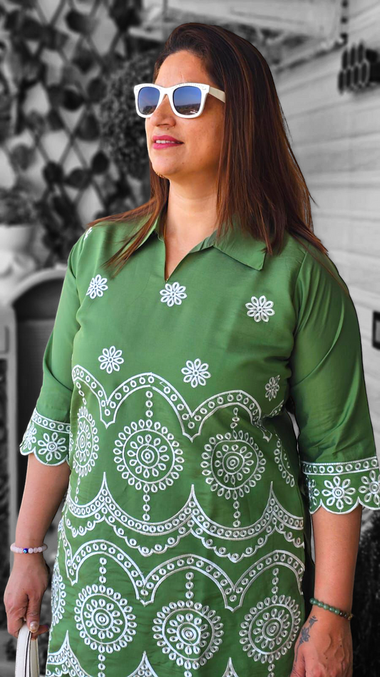 Green Semi Cotton Thread Embriodary Coordset